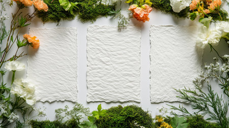 Blank textured paper sheets are artistically framed by vibrant flowers and lush greenery, creating a serene and inviting space perfect for creative projects or invitations.の素材
