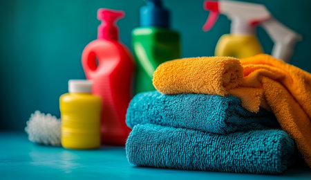 Cleaning supplies are neatly arranged, including sprays and cloths in bright colors. They rest on a soft blue surface, emphasizing a fresh and tidy atmosphere.の素材