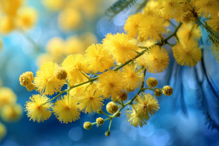Vibrant yellow flowers with delicate, fluffy petals stand out against a soft blue backdrop, showcasing the beauty of nature in springs warm embrace.の素材