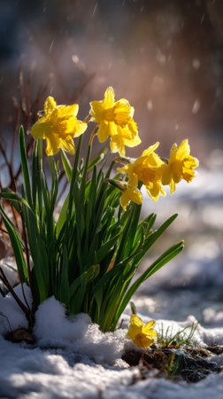 Daffodils with bright yellow petals emerge from the snow as the sun shines warmly in early spring. The scene captures the beauty of nature transitioning from winter to spring.の素材
