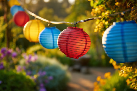 Brightly colored lanterns in red, blue, and yellow hang on a string in a garden. The sun sets behind, casting a golden light on blooming flowers and lush greenery.の素材
