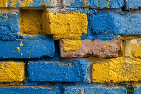 A wall showcases vibrant blue and yellow bricks, with some faded and chipped sections. The lively colors create a captivating urban backdrop that draws attention.の素材