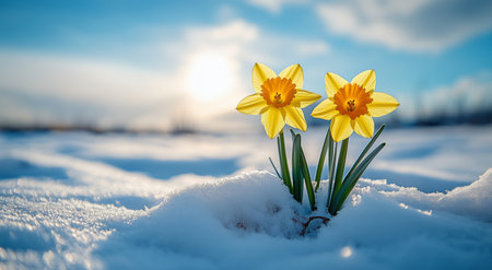 Bright yellow daffodils emerge through fresh snow, bringing color to a wintry scene. The sun shines in a blue sky, highlighting the beauty of spring in winter.の素材