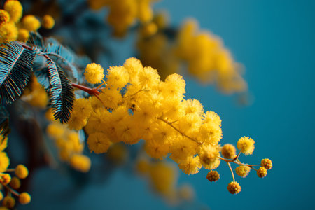 Vibrant yellow mimosa flowers cascade gracefully from green foliage, contrasting beautifully with a bright blue background. This scene captures the essence of spring blooms.の素材