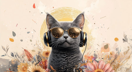 A stylish gray cat with sunglasses and headphones enjoys music in a vibrant floral setting. The colorful flowers add a lively touch to the scene, creating a cheerful atmosphere.の素材