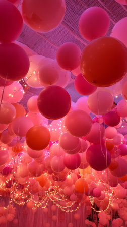 A colorful display of pink balloons fills the ceiling of a warm venue, adding a festive touch for a special event. The soft lighting enhances the cheerful atmosphere.の素材