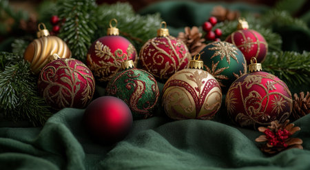 Colorful holiday ornaments with intricate designs sit atop a green cloth, surrounded by fresh greenery and red berries, creating a cozy and festive atmosphere.の素材