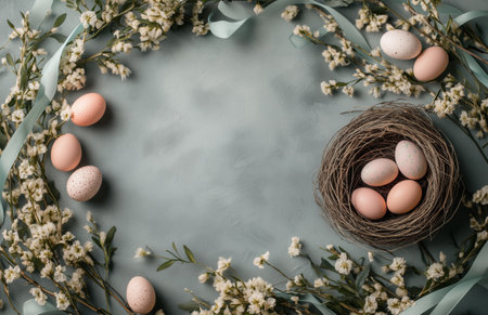 Delicate eggs in various colors rest in a nest surrounded by floral decorations and ribbons, creating a calming spring atmosphere ideal for festive occasions.の素材