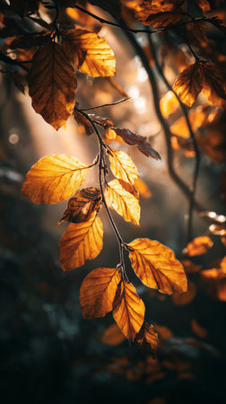 Sunlight filters through trees, illuminating golden leaves hanging from branches. This scene captures the beauty of autumn in a serene forest setting.の素材