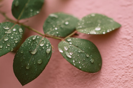 Green leaves glisten with water droplets on their surface, set against a smooth pink backdrop, showcasing natures beauty in a quiet moment of serenity.の素材