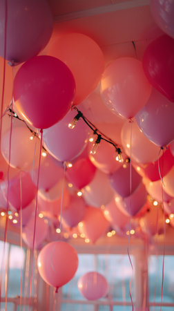 A colorful display of pink balloons fills the ceiling of a warm venue, adding a festive touch for a special event. The soft lighting enhances the cheerful atmosphere.の素材