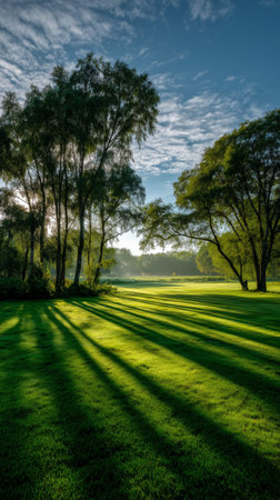 Bright sunlight shines through tall trees, casting long shadows on the lush green grass in a peaceful park. This tranquil scene invites relaxation and nature appreciation.の素材