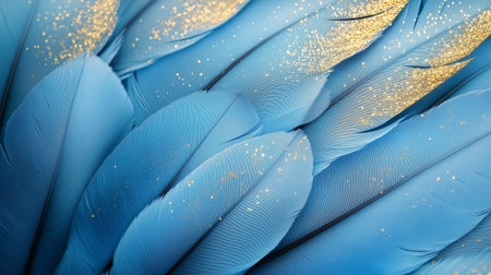 Soft blue feathers adorned with golden specks form a beautiful arrangement. This artistic display enhances creativity in decor, fashion, or craft projects, catching the light.の素材
