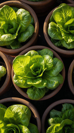 Green lettuce grows in neat rows in pots at a community garden, thriving under the bright spring sunlight, showing healthy leaves and rich soil.の素材