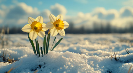 Two yellow and white daffodils grow through the snow in a field during late afternoon. The sun shines brightly, creating a beautiful contrast with the winter landscape.の素材