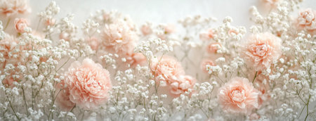 A stunning display of roses in soft peach and cream hues mixed with delicate babys breath creates a charming and elegant floral arrangement.の素材