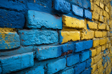 A bright blue and yellow brick wall stands out in an urban area, highlighting the creativity of street art.の素材