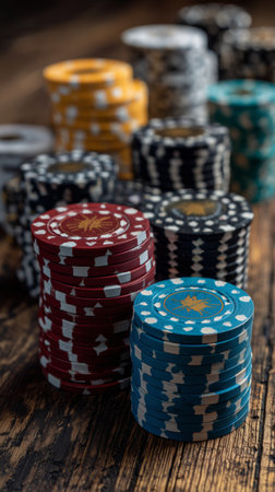 Groups of colorful poker chips are arranged on a rustic wooden table, showcasing shades of red, blue, black, and white. The setting is cozy, ideal for game night with friends.の素材