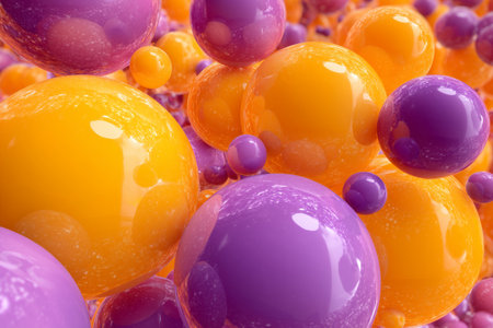 Vivid bubbles in shades of orange and purple float against an abstract backdrop, showcasing a blend of colors and shapes. This scene captures creativity and visual energy in motion.の素材