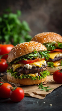 Two hearty cheeseburgers stacked high with crispy bacon, fresh lettuce, juicy tomatoes, and melted cheese rest on a rustic wooden surface beside cherry tomatoes.の素材