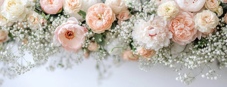 A stunning display of roses in soft peach and cream hues mixed with delicate babys breath creates a charming and elegant floral arrangement.の素材