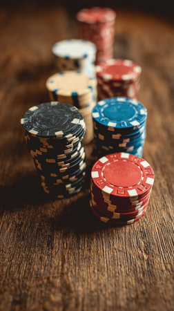 Groups of colorful poker chips are arranged on a rustic wooden table, showcasing shades of red, blue, black, and white. The setting is cozy, ideal for game night with friends.の素材