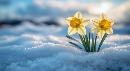 Bright yellow daffodils emerge through fresh snow, bringing color to a wintry scene. The sun shines in a blue sky, highlighting the beauty of spring in winter.の素材