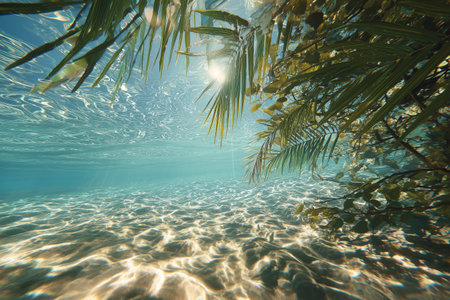 Crystal clear water reflects sunlight while palm leaves gently hang above. The cool, inviting scene depicts a serene day in a tropical paradise, perfect for relaxation.の素材