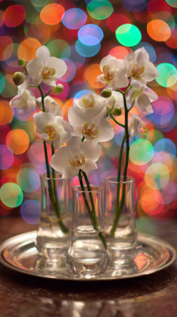 Delicate white orchids stand tall in small glass vases, showing their beauty. A vibrant bokeh backdrop adds a festive touch to the floral display, enhancing its charm.の素材