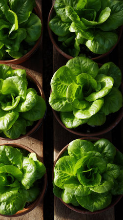 Lush green lettuce plants thrive in pots on a wooden table. Each plant shows vibrant leaves, indicating healthy growth in an indoor setting.の素材
