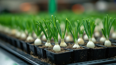 Young green onions are growing in small black pots, arranged neatly in a greenhouse. The plants show healthy green tops and are well-watered, thriving in their environment.の素材