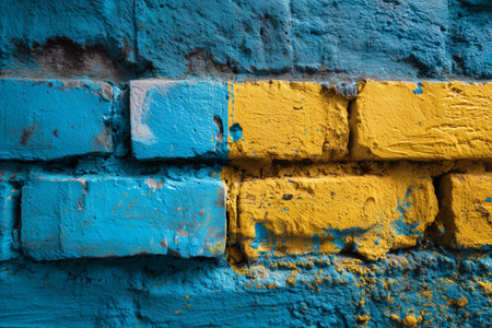 A wall showcases vibrant blue and yellow bricks, with some faded and chipped sections. The lively colors create a captivating urban backdrop that draws attention.の素材