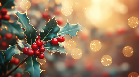 Vibrant holly leaves adorned with bright red berries catch the warm light, creating a festive atmosphere perfect for winter celebrations and holiday gatherings.の素材