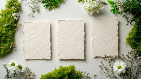 Blank textured paper sheets are artistically framed by vibrant flowers and lush greenery, creating a serene and inviting space perfect for creative projects or invitations.の素材