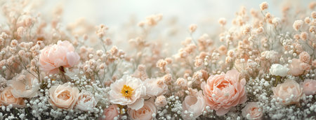 Lush pink peonies and roses are artistically arranged with baby's breath. The soft colors create a calming atmosphere, ideal for weddings or special occasions.の素材