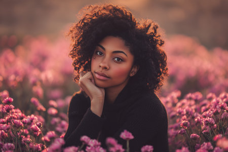 A woman with curly hair stands in a field of pink flowers during sunset. The warm light highlights her features, creating a serene and picturesque moment in nature.の素材