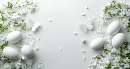Four white eggs are arranged on a soft surface, adorned with fresh white flowers and small butterflies. This serene scene captures the essence of spring and renewal.の素材