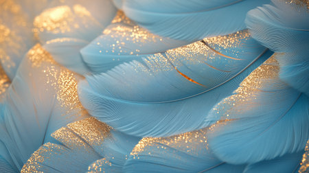 Soft blue feathers with shimmering gold tips are arranged neatly on a flat surface, creating a vibrant and colorful display. The textures and colors are visually appealing.の素材