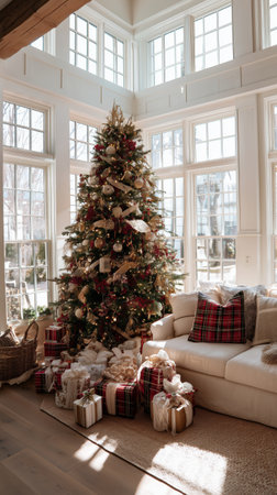 A lavishly decorated Christmas tree stands tall in a bright living room filled with sunlight. Gifts in gold and white are neatly arranged beneath the tree, creating a festive atmosphere.の素材