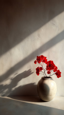 A beige vase holds vibrant red flowers, placed on a smooth tabletop. The soft lighting and textured wall create a warm, inviting atmosphere in the setting.の素材
