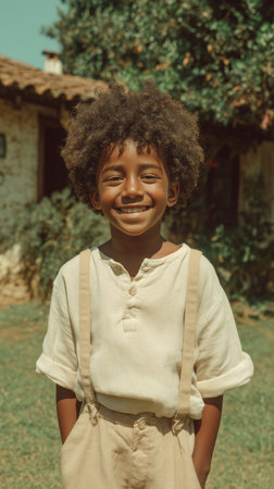 A cheerful young boy with curly hair stands in a green garden, wearing a light shirt and suspenders. The sun shines, creating a bright, joyful atmosphere around him.の素材