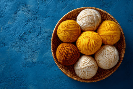 A woven basket holds several yarn balls in shades of yellow and cream. The rustic texture of the basket contrasts with the vibrant colors against a blue background.の素材
