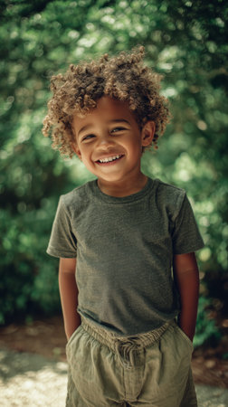 A young child with curly hair stands outdoors, smiling brightly.の素材