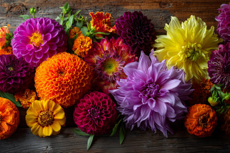 Brightly colored flowers in various shapes and sizes are artistically arranged on a wooden table. The vibrant hues create a lively and cheerful atmosphere perfect for any occasion.の素材
