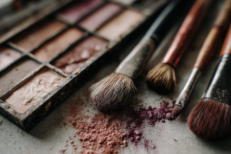 A makeup palette featuring various shades sits next to several brushes. Colorful pigments are scattered on the surface, highlighting creativity and artistry in makeup application.の素材