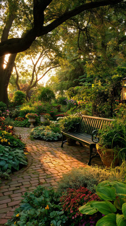 A peaceful garden pathway is lined with vibrant flowers and greenery, illuminated by warm sunlight in the late afternoon, inviting relaxation on the nearby bench.の素材