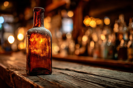 A frosty bottle of beer sits on an old wooden bar, glistening with condensation. Soft light filters through the rustic interior, creating a cozy atmosphere.の素材