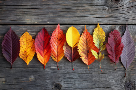 Bright red, orange, and yellow autumn leaves are lined up on an old wooden table, showing their vibrant colors and unique shapes in a seasonal display.の素材