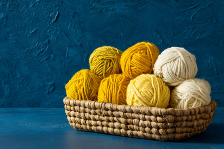 A woven basket holds several yarn balls in shades of yellow and cream. The rustic texture of the basket contrasts with the vibrant colors against a blue background.の素材