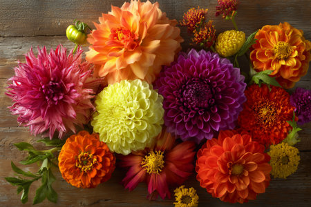 Brightly colored flowers in a variety of shapes arrange on a rustic wooden table. The vibrant blooms showcase shades of orange, pink, yellow, and purple, creating a lively display.の素材